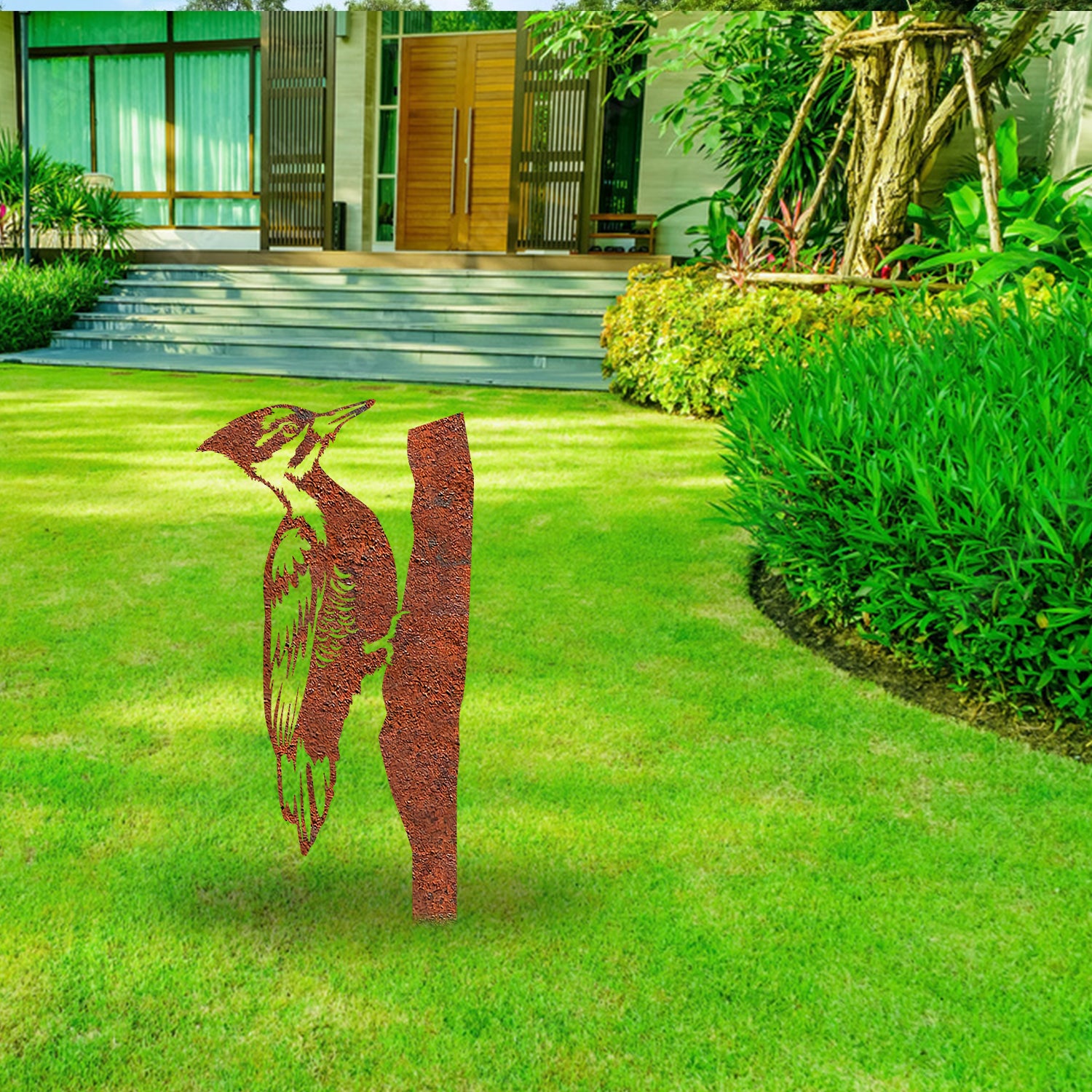 Rusty Woodpecker Metal Garden Sculpture, Woodpecker Bird Outdoor Artwork