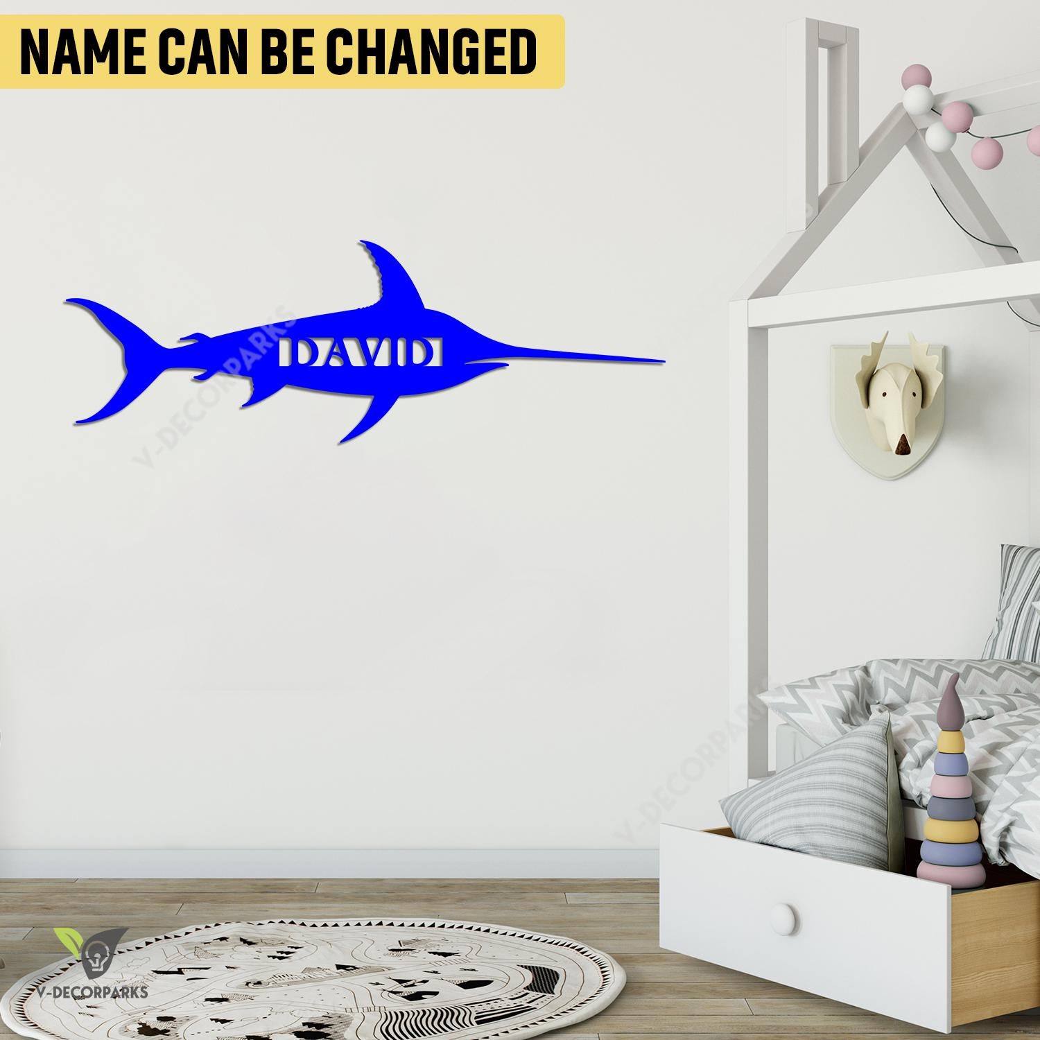 Personalized Swordfish Color Metal Wall Decoration, Swordfish Kids Room Stainless Decor