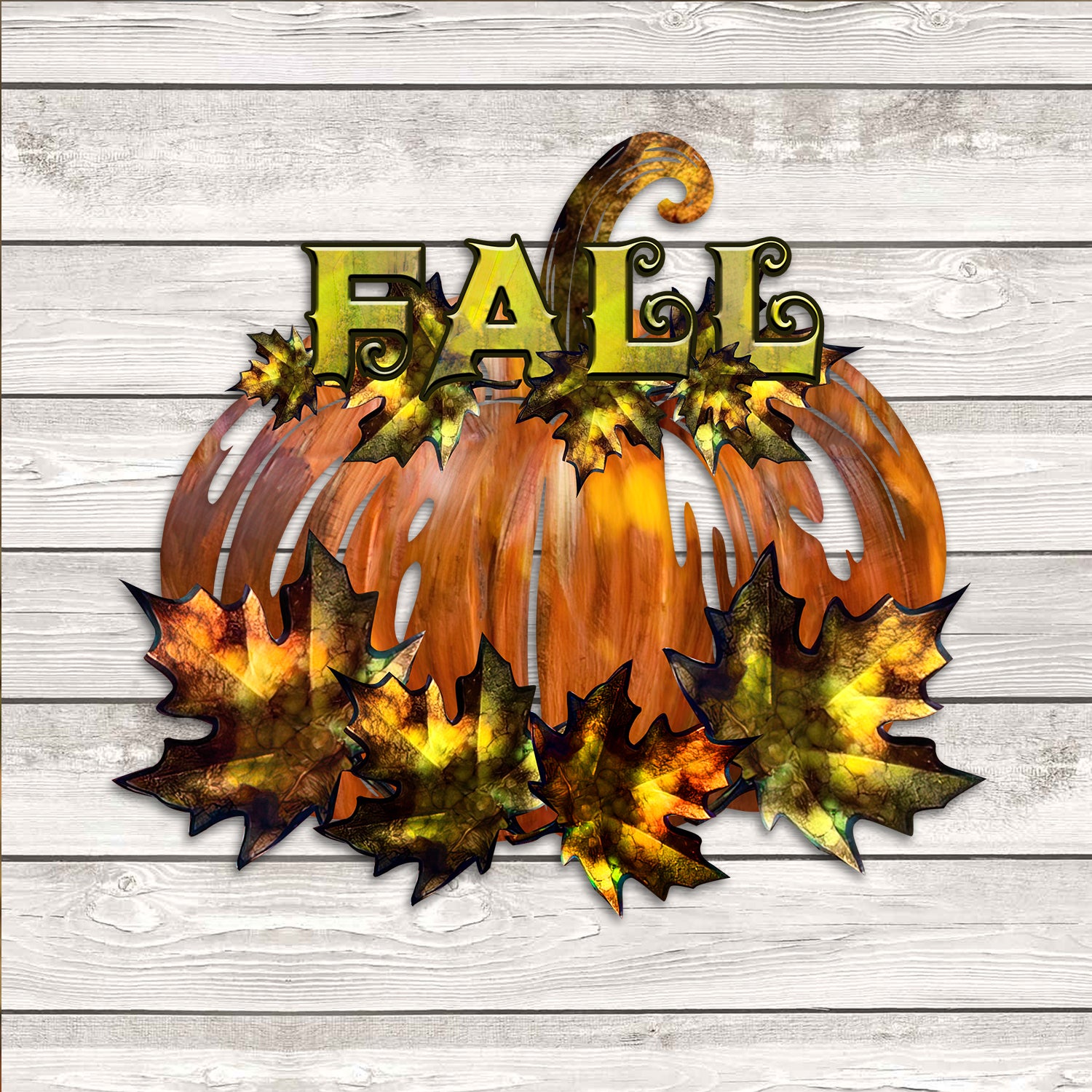 Pumpkin With Maple Leaves Fall Metal Art, Autumn Colored Hanging Decor