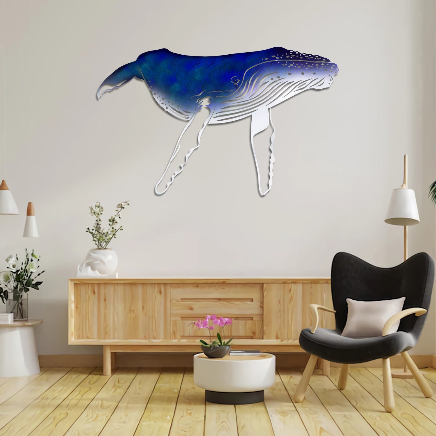 Blue And White Humpback Whale Metal Art, Blue And White Humpback Whale Large Plaque