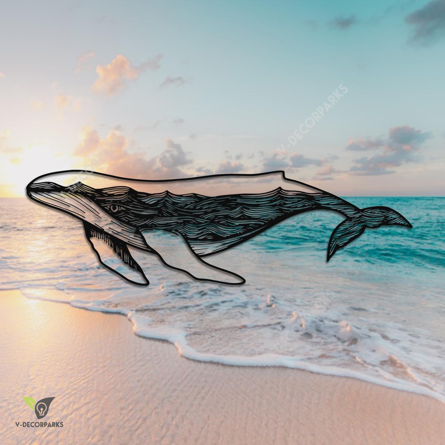 Humpback Whal With Ocean Wave Inside, Whale Cutout Artwork