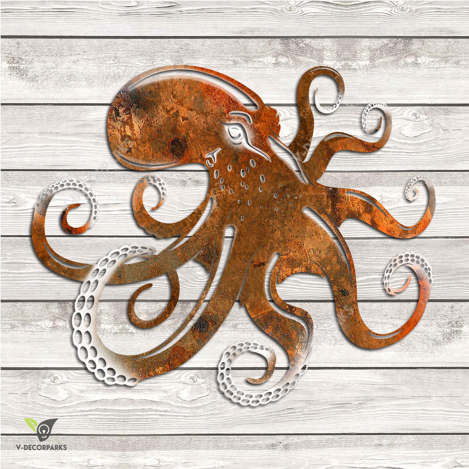 Rusty Color Octopus Metal Wall Decoration, Rusted Octopus Ocean Steel Art