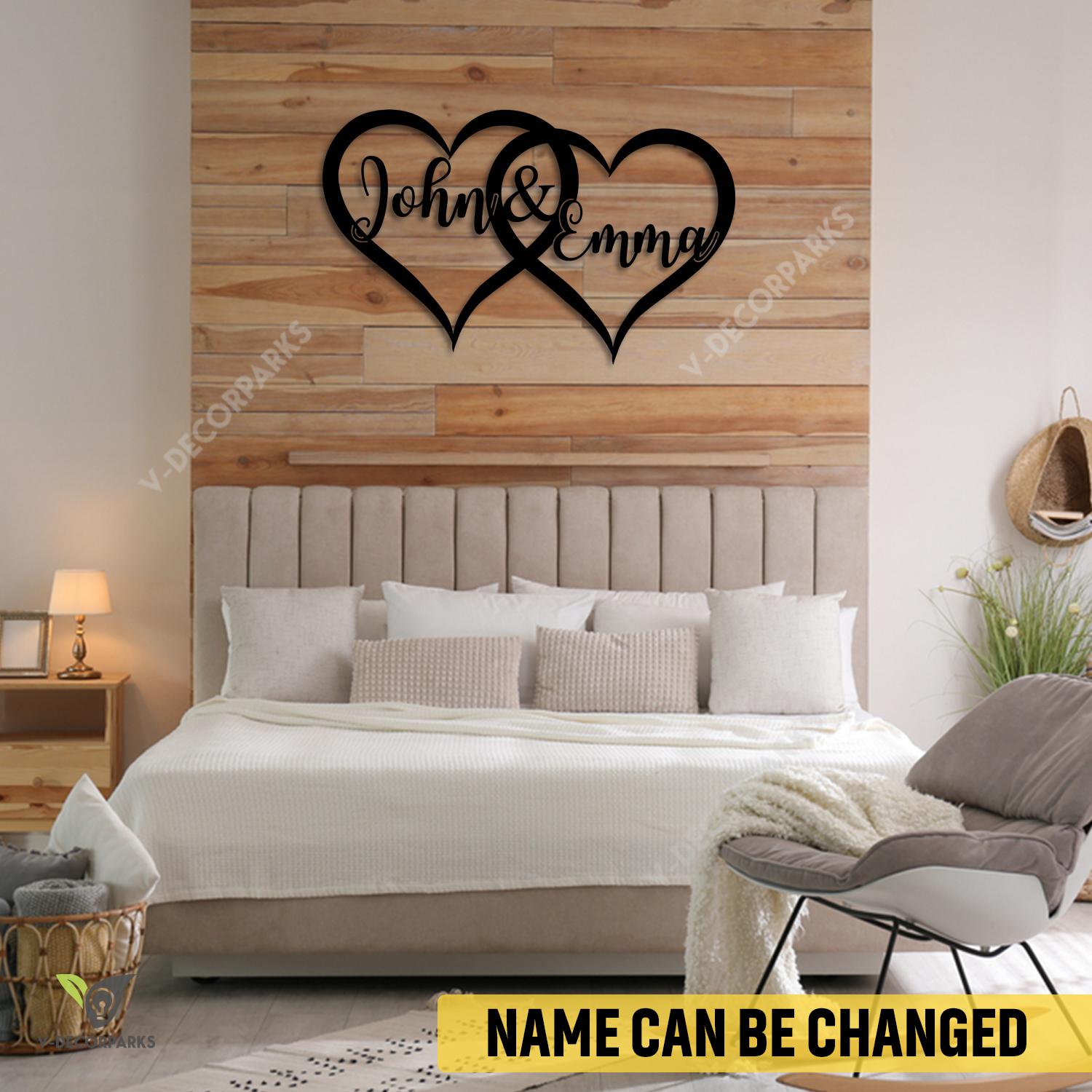 Customized Name Double Hearts Metal Art, Bedroom Wedding Gift For Lovers