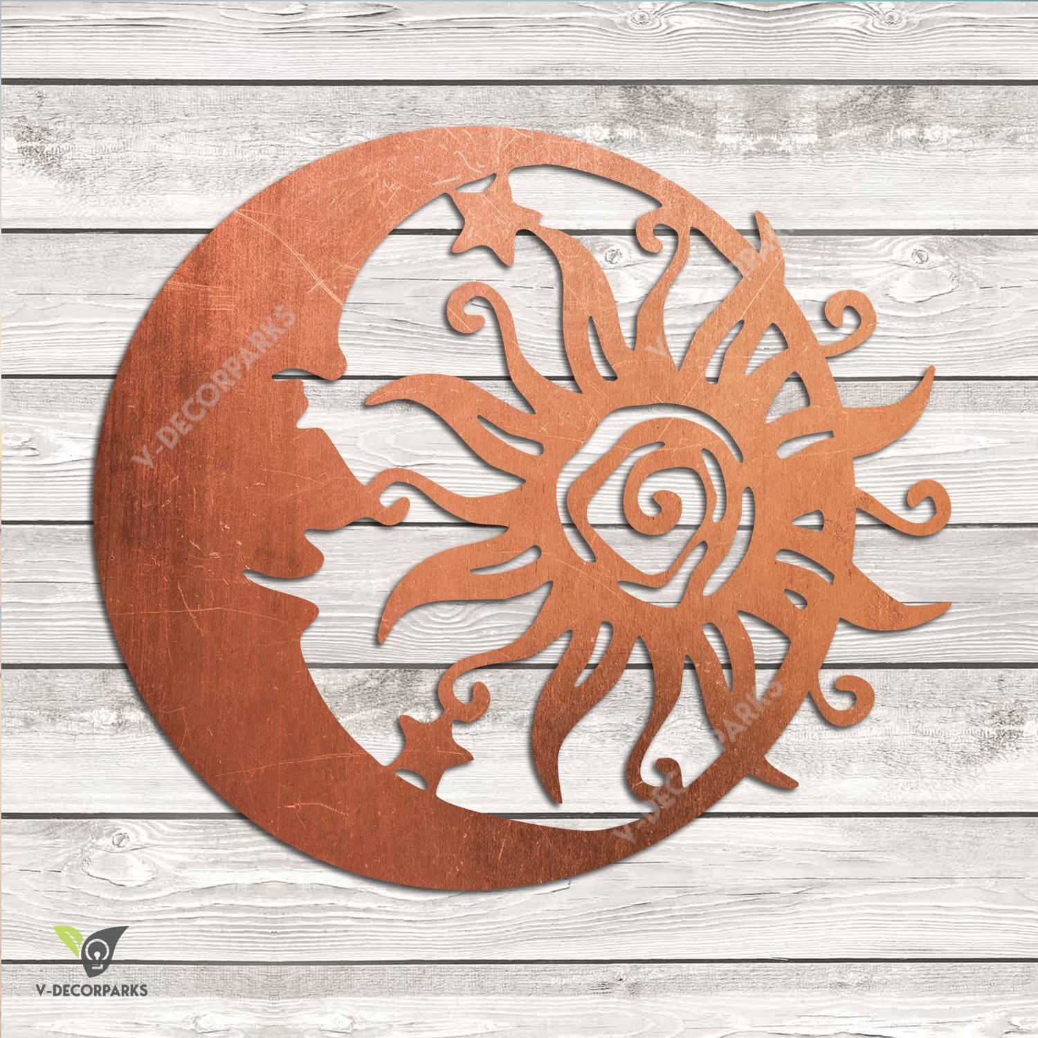 Copper Wacky Sun And Moon Metal Wall Art, Solar And Lunar Celestial Steel Plaque