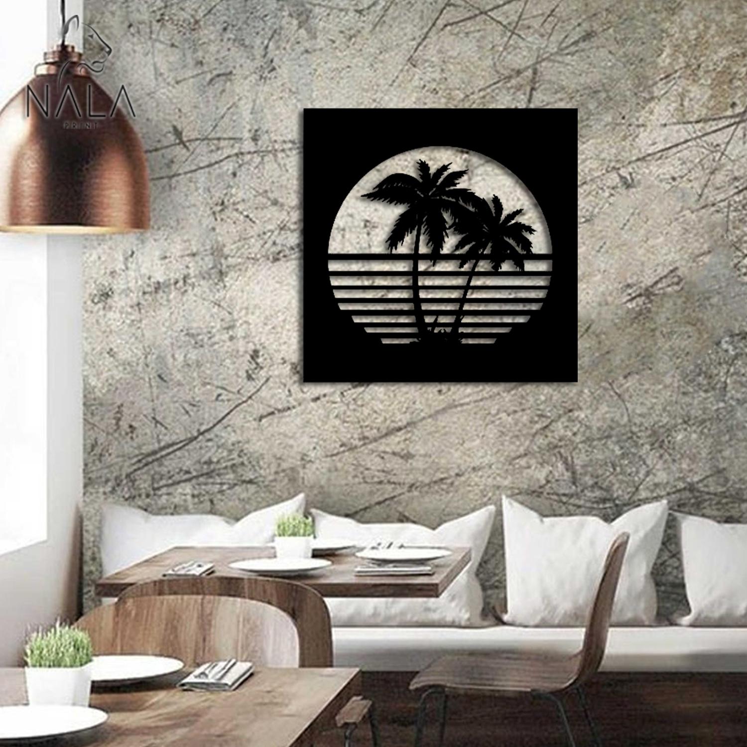 Palm Trees Sunset Metal Artwork, Tropical Wall Art Decor, Palm Tree