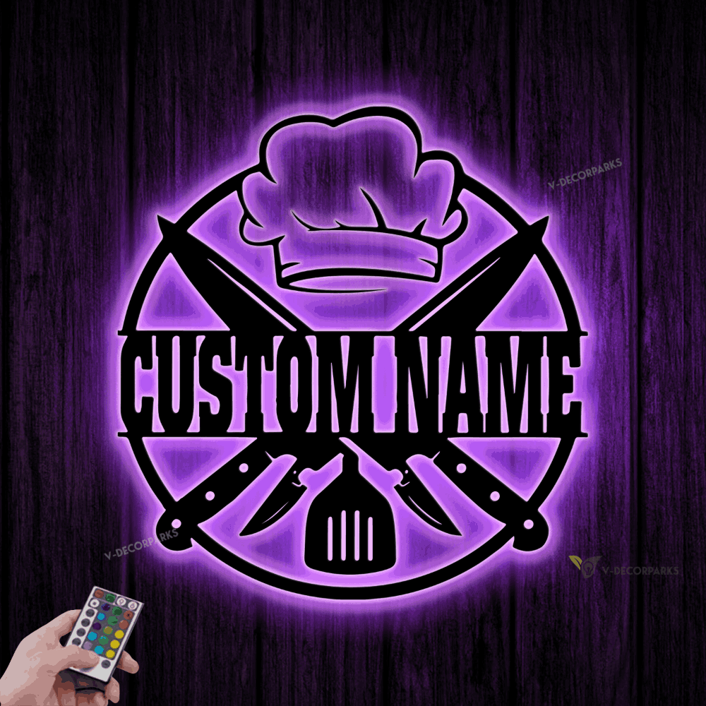 Custom Chef Logo Metal Wall Art Led Light, Personalized Backyard