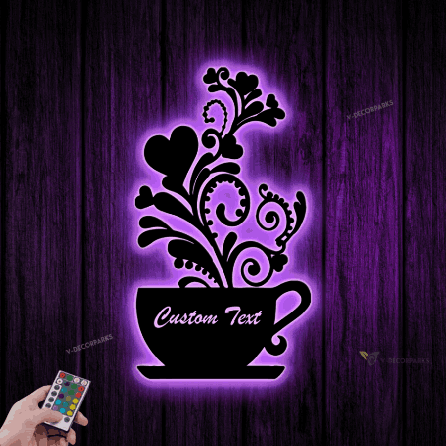 Custom Coffee Bar Metal Wall Art Led Light, Coffee Wall Art