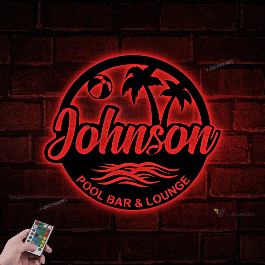 Custom Palm Tree Pool Family Metal Wall Art Led Light, Personalized