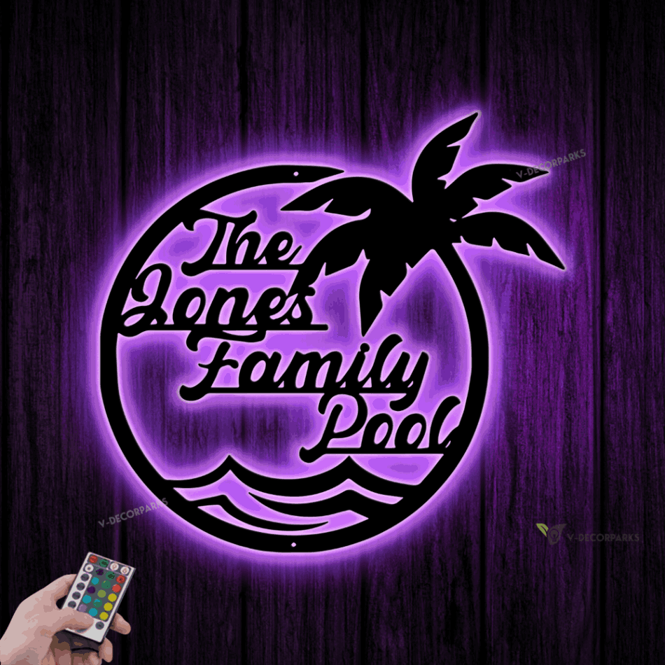 Custom Palm Tree Pool Family Metal Wall Art Led Light, Personalized