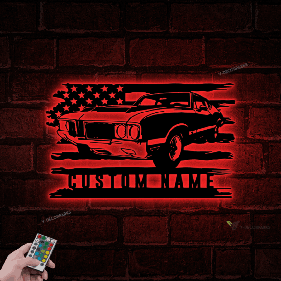 Personalized Us Garage Metal Wall Art Led Light, Custom Classic Muscle Car Sign, Mechanic Repair Decoration, Garage Decor, Gift For Dad