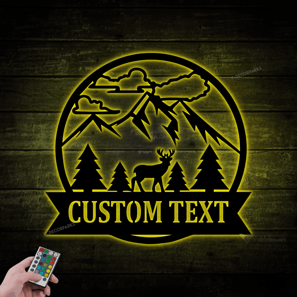 Deer Tree And Mountains Monogram With Led Lights, Established Last Name ...