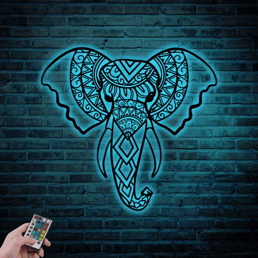 Elephant Metal Sign With Led Lights, Elephant Head Wall Decor, Elephant