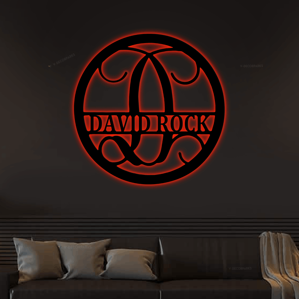 Family Name Metal Sign Led Lights, Monogram Wall Art Personalized Round ...