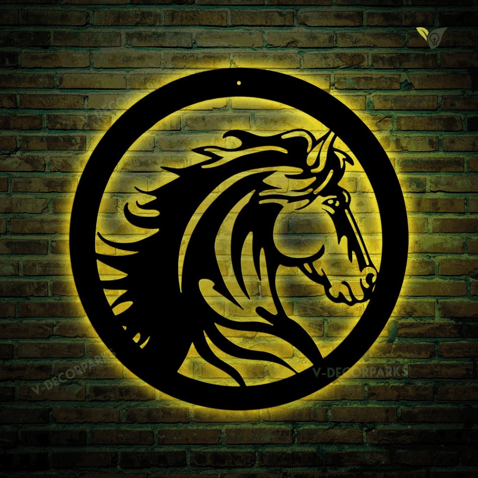 Elegant Horse Head Gate Entrance Sign, Cut Metal Sign With Led Lights