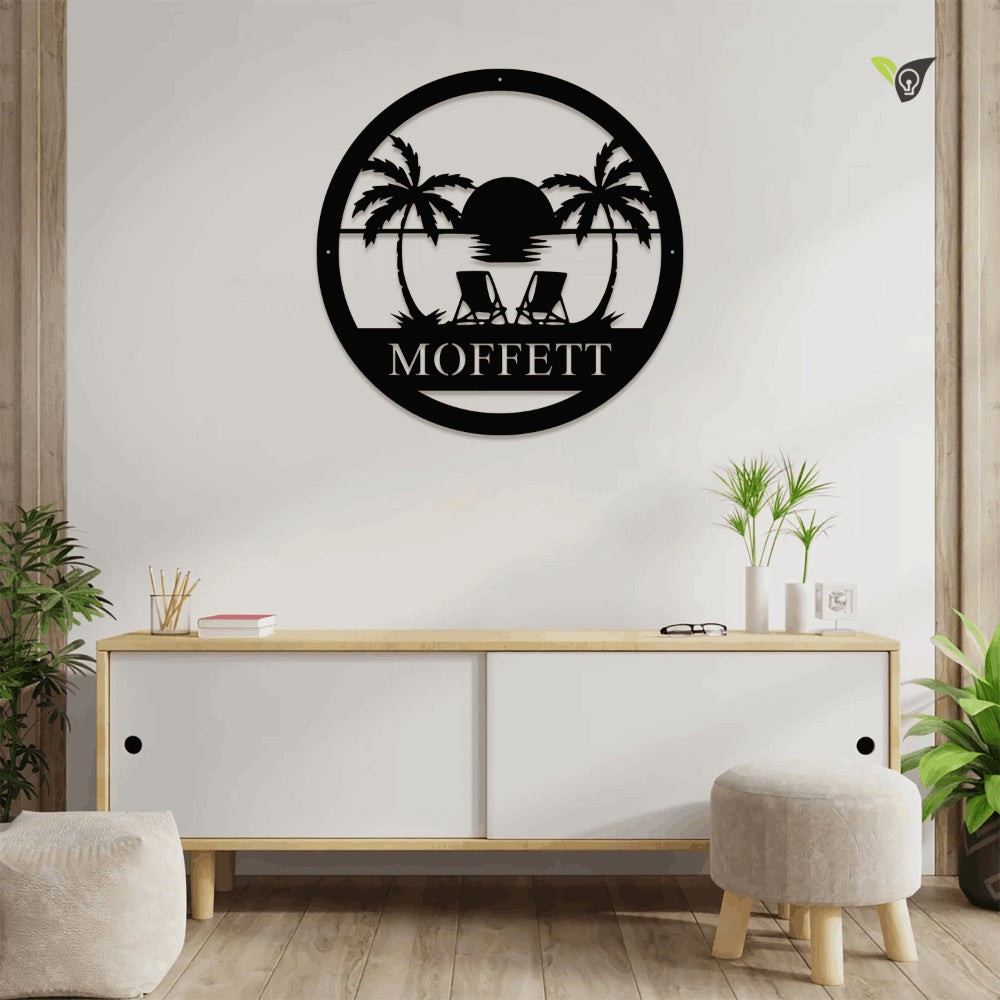Monogram Sunset Tropical Beach Metal Sign With Led Lights, Personalized