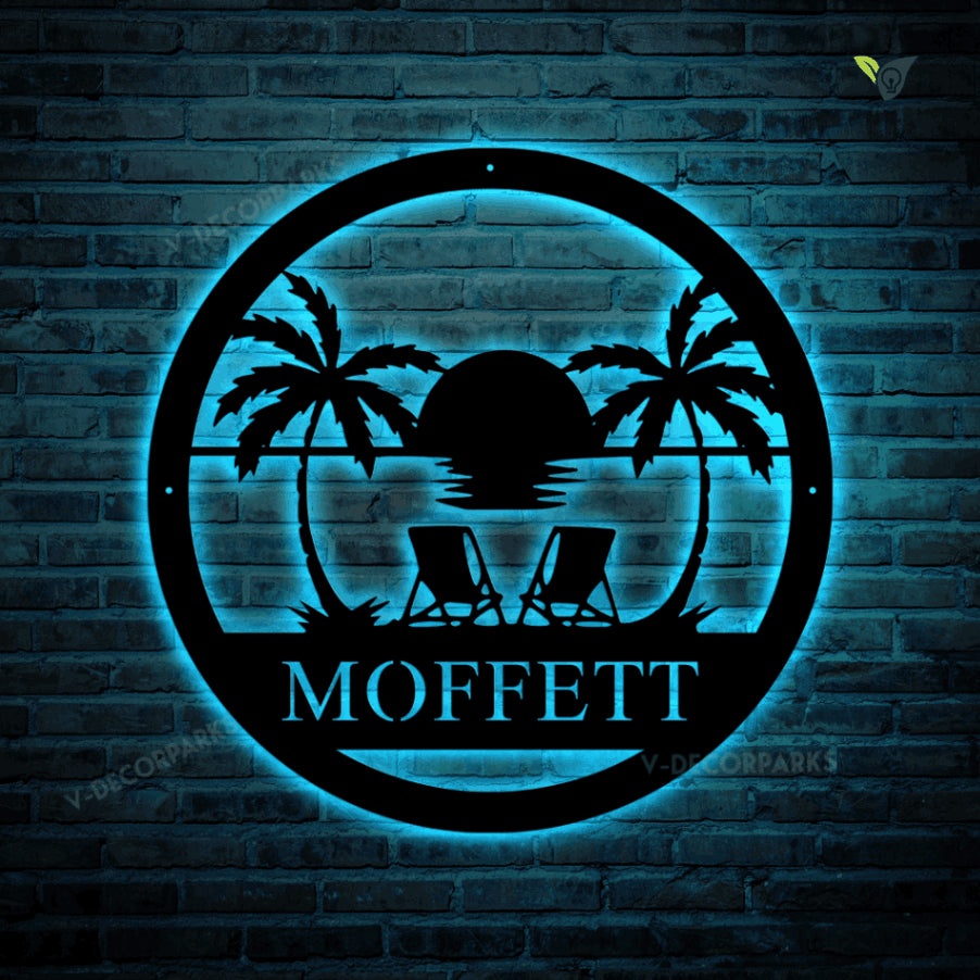 Monogram Sunset Tropical Beach Metal Sign With Led Lights, Personalized