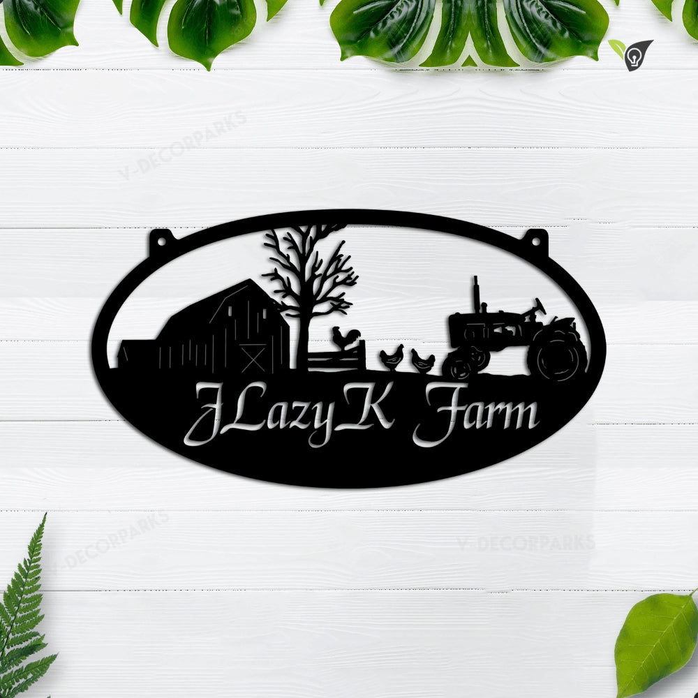 Personalized Metal Farm Sign With Tractor And Chickens, Farmhouse Decoration, Gift For Farmer, Farm Sign, Custom Name Metal Sign For Farmer, Farm Gate Sign
