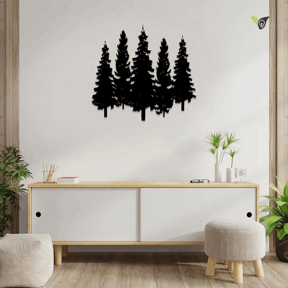 Metal Art With Led Lights Pine Trees, Group Of 5 Pine Trees, Rustic