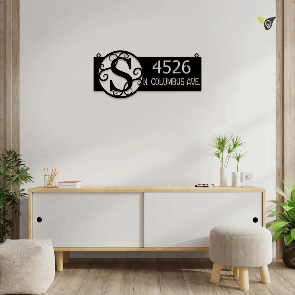 Hanging Address Monogram Metal Wall Art With Led Light, Address Plaque