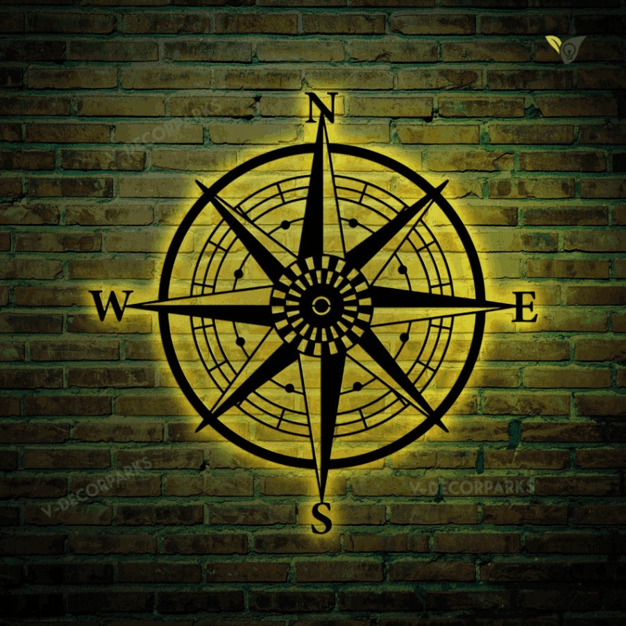 Nautical Compass Rose Metal Sign With Led Lights, Metal Gps Sign For