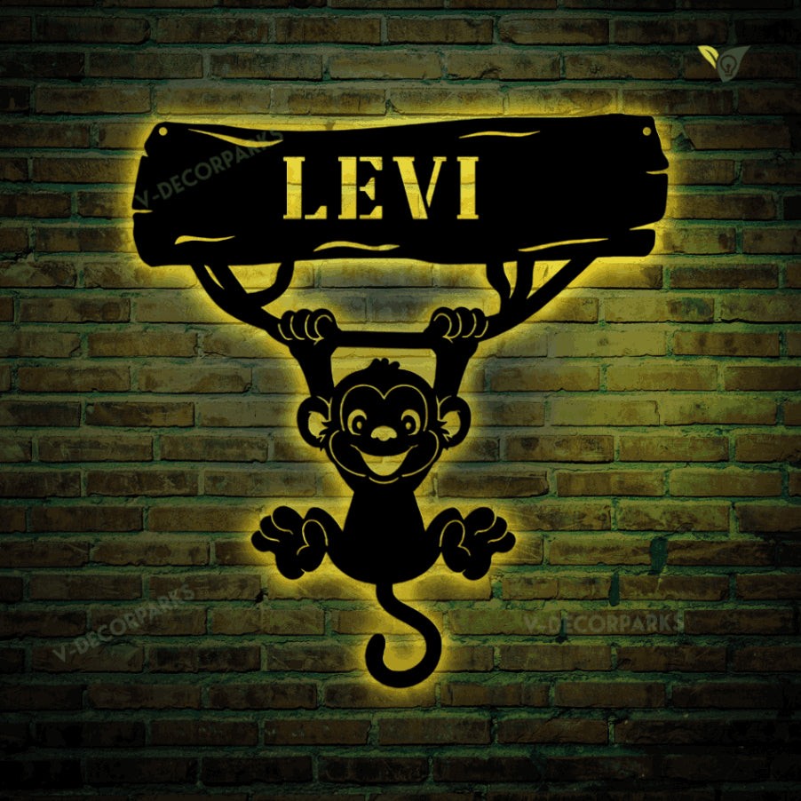 Monkey Monogram Metal Art With Led Lights, Metal Art Wall Decor, Cut