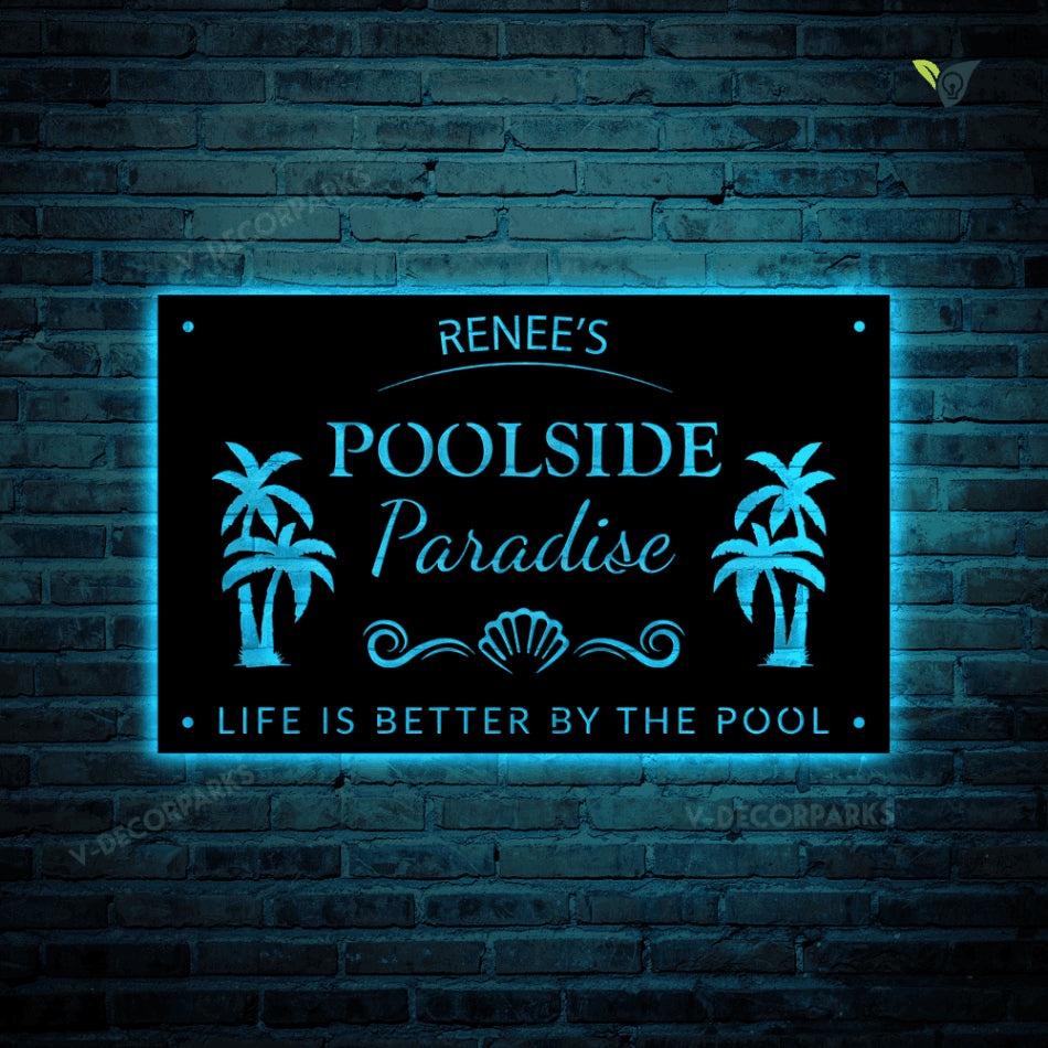 Poolside Paradise With Palms Metal Art With Led Lights, Swimming Pool ...