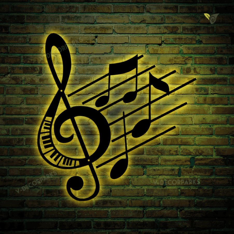 Music Notes Metal Art With Led Lights Wall Decor, Music Art Music Lover Gift, Music Wall Art