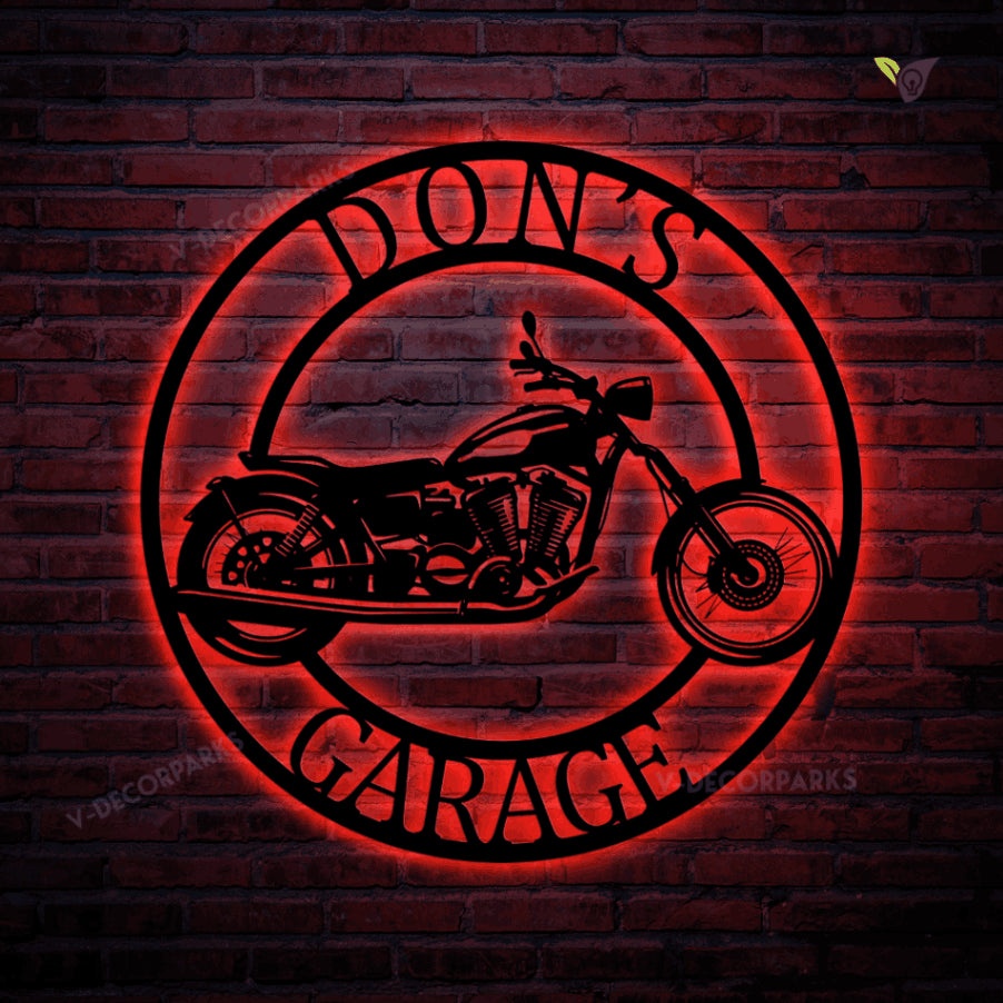 Custom Motorcycle Garage Metal Art With Led Light, Steel Wall