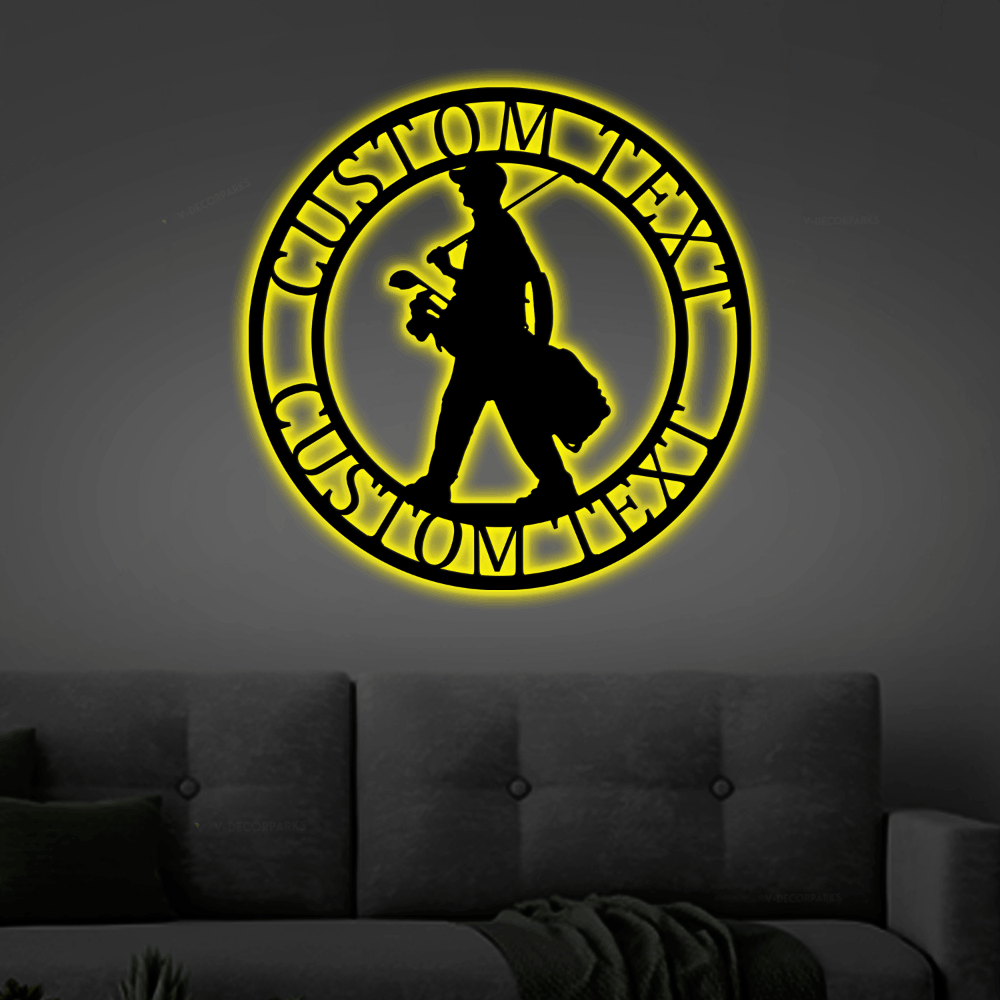 Golfer Name Sign With Led Lights Monogram Steel Sign, Personalized