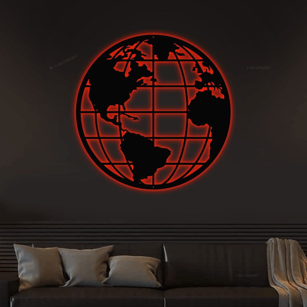Globe Metal Art With Led Lights, Globe Wall Hanging, Earth Metal Sign