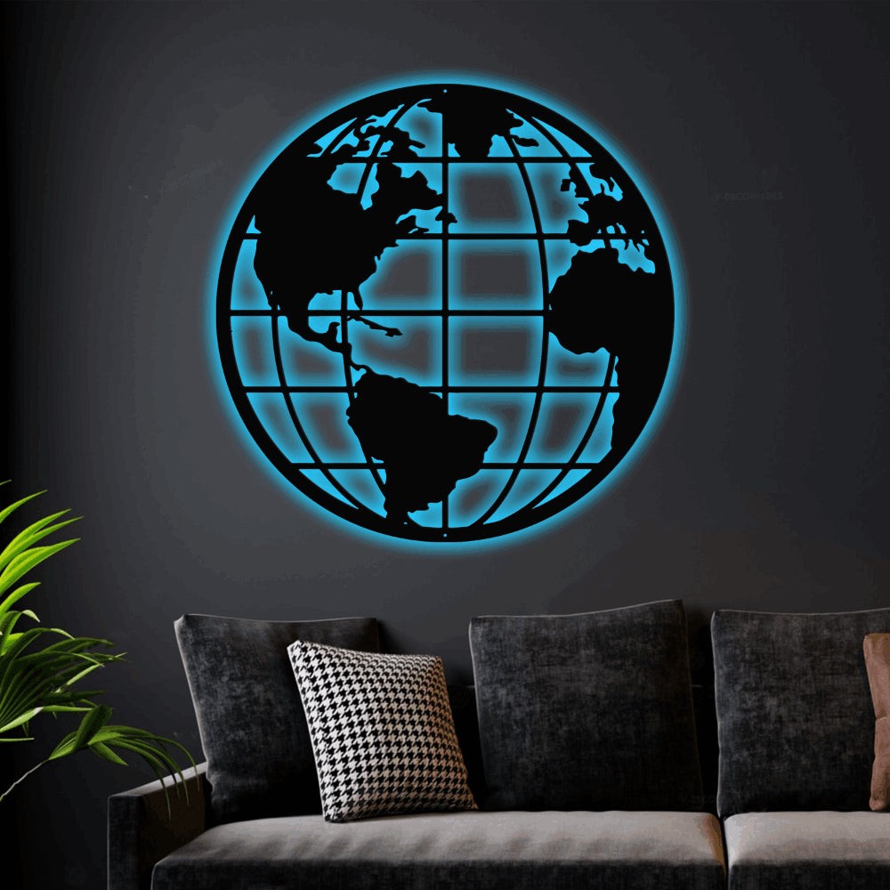 Globe Metal Art With Led Lights, Globe Wall Hanging, Earth Metal Sign