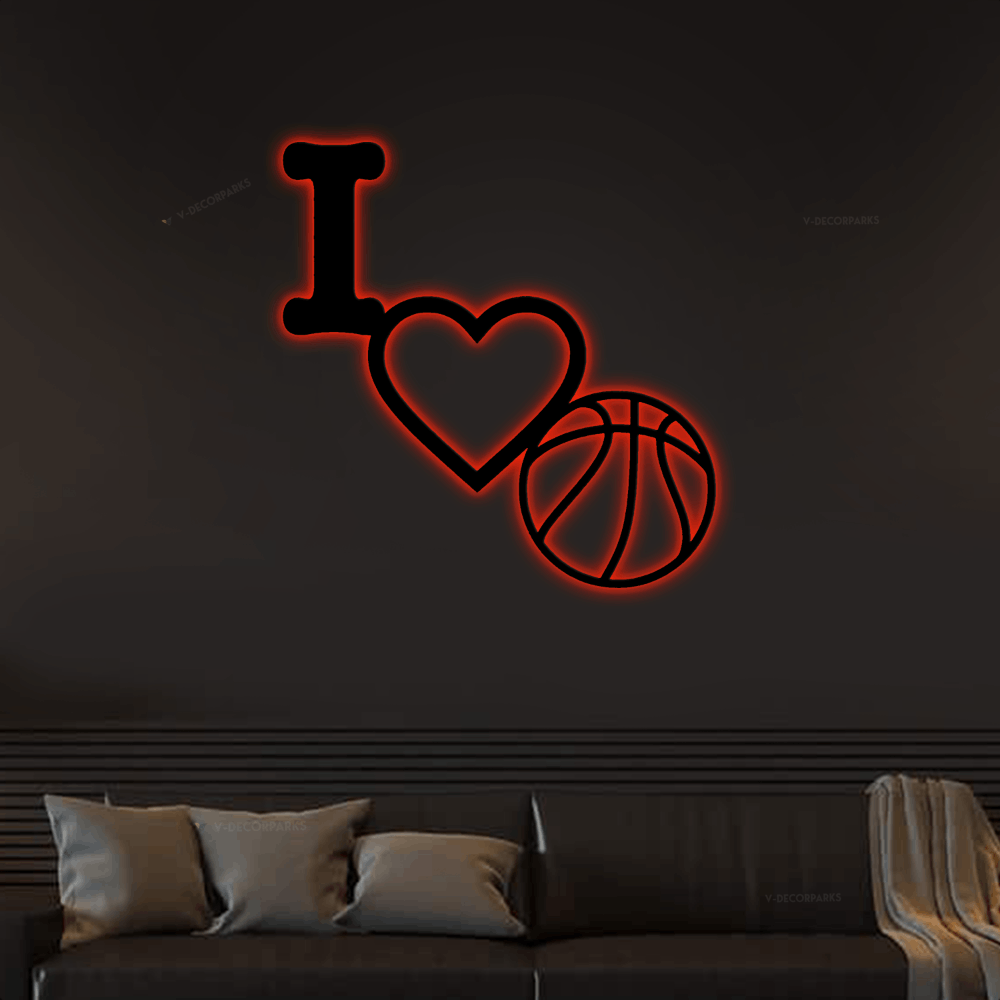 I Love Basketball Metal Wall Sign With Led Lights, Sports Sign, Wall Decor, Love, Sports Wall Decor, We Love Sports Sign, Basketball Sign, Basketball Decor