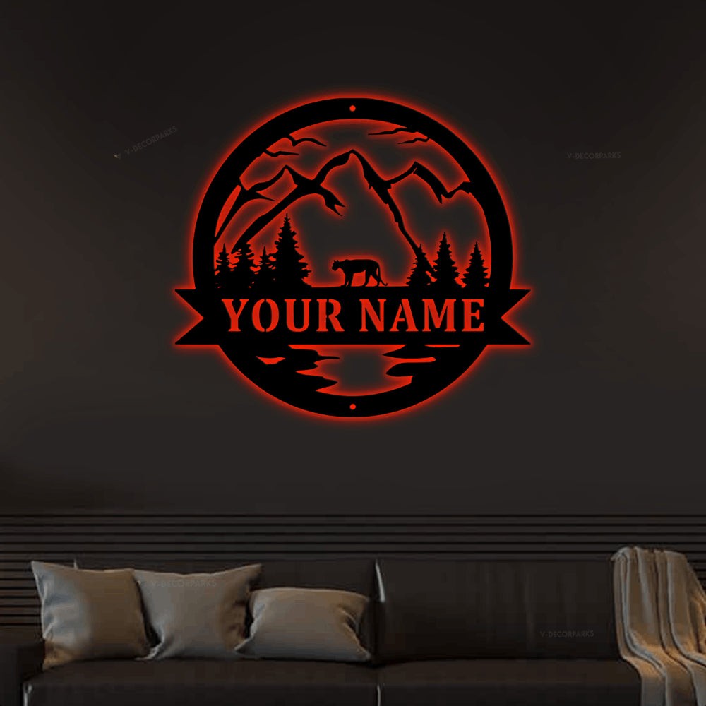 Mountain Lion Name Metal Sign With Led Lights, Father's Gift, Last Name
