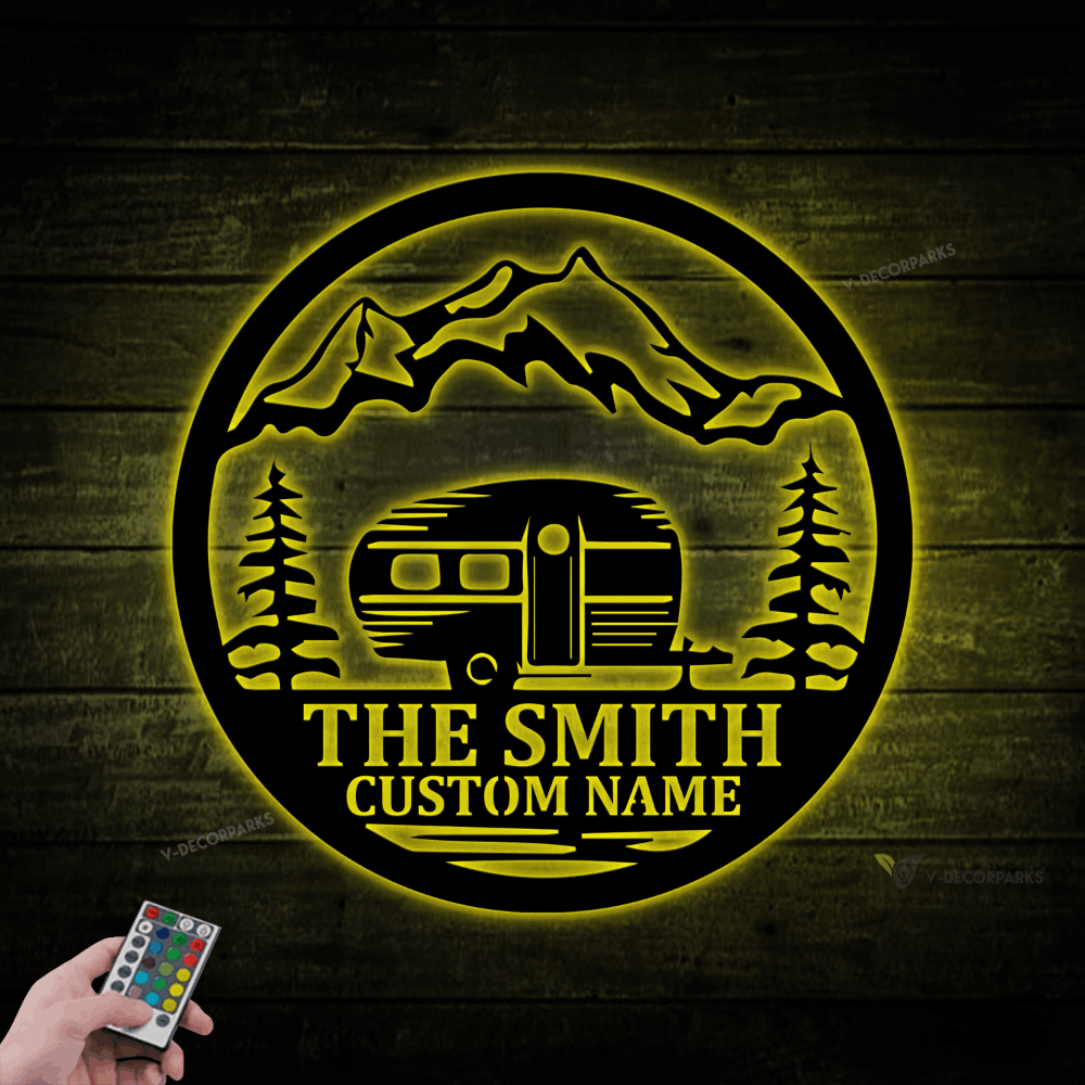 Personalized Camper Metal Sign With Led Lights, Custom Camping Name 