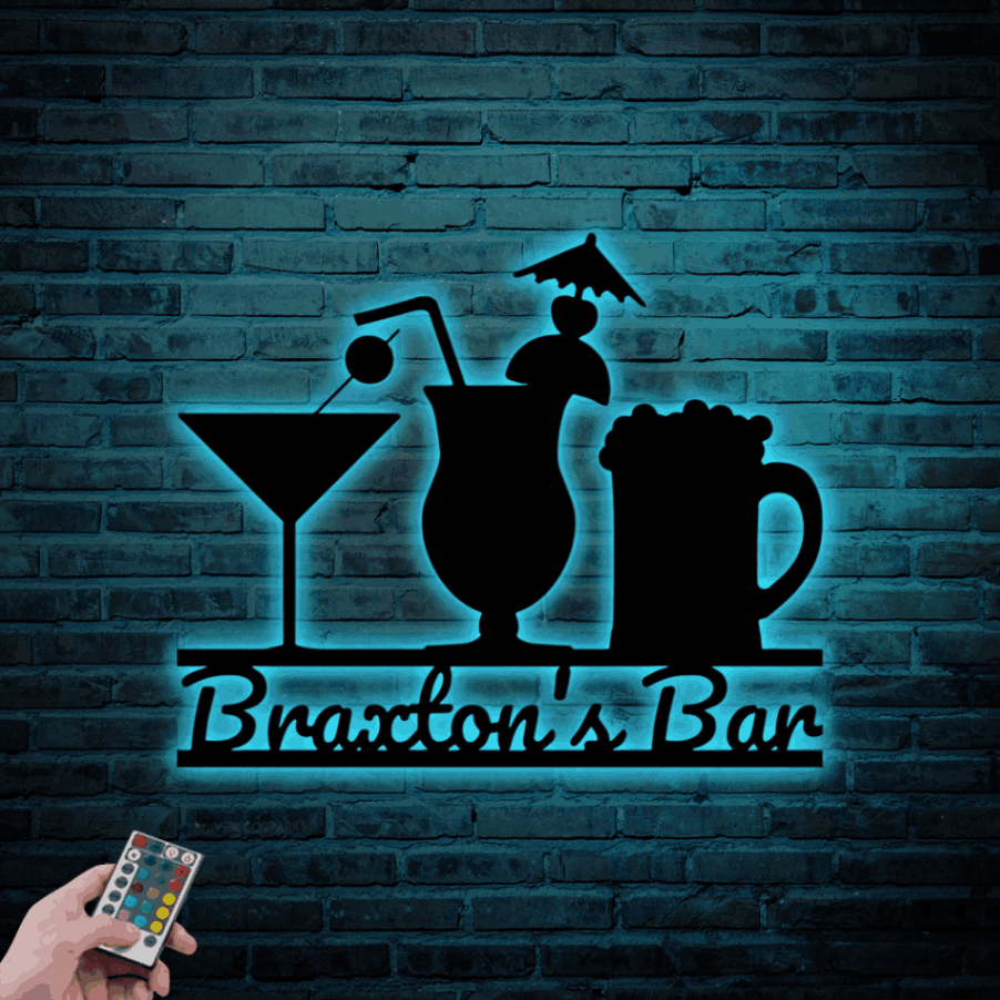 Personalized Cocktail Metal Bar Sign With Led Lights, Cocktails Sign