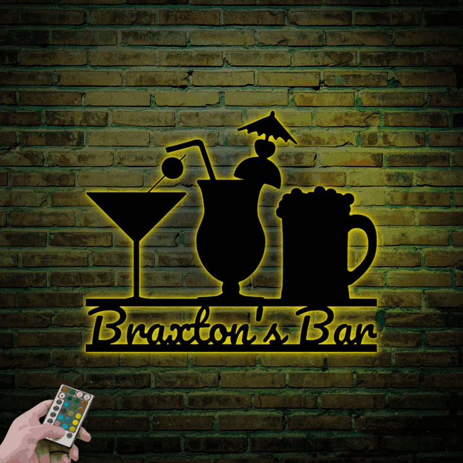 Personalized Cocktail Metal Bar Sign With Led Lights, Cocktails Sign