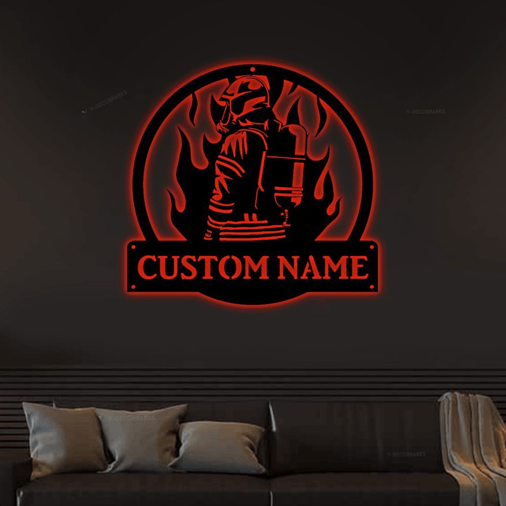 Personalized Fireman Firefighter Metal Sign Art With Led Lights Custom