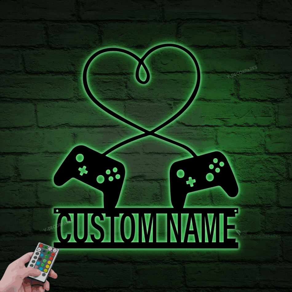 Personalized Gaming Couple Metal Sign Led Lights, Video Game Custom Name Metal Wall Art, Heart Game Controller, Gifts For Couple