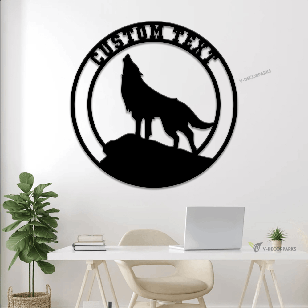 Personalized Howling Wolf Metal Wall With Led Lights, Custom Name Wolf