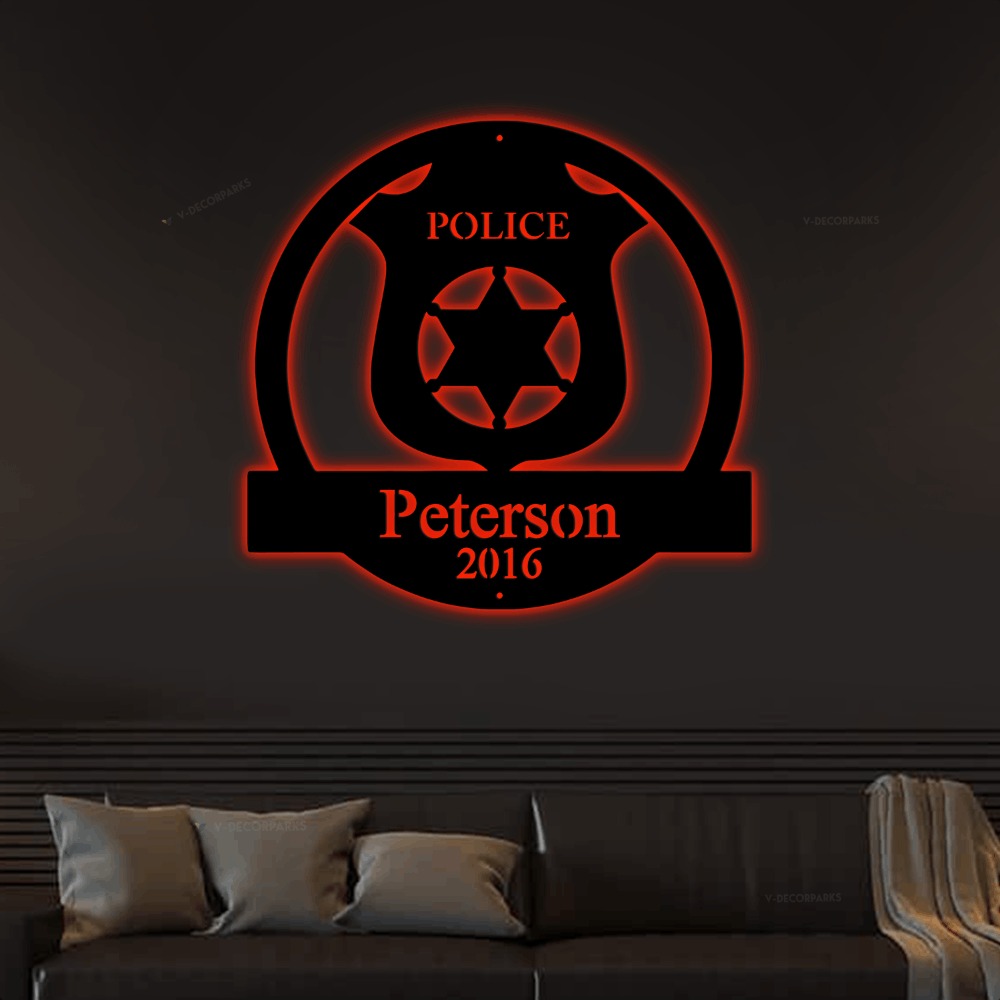 Personalized Police Sign For Home With Led Lights, Metal Wall Art, Police Officer Gifts For Men, Police Gifts, Metal Sign Police Badge, Fathers Day Gift