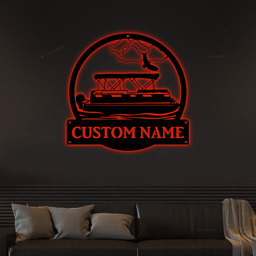 Navy LAKE LIFE Sign, Couple On Pontoon Boat With Dog (boxer