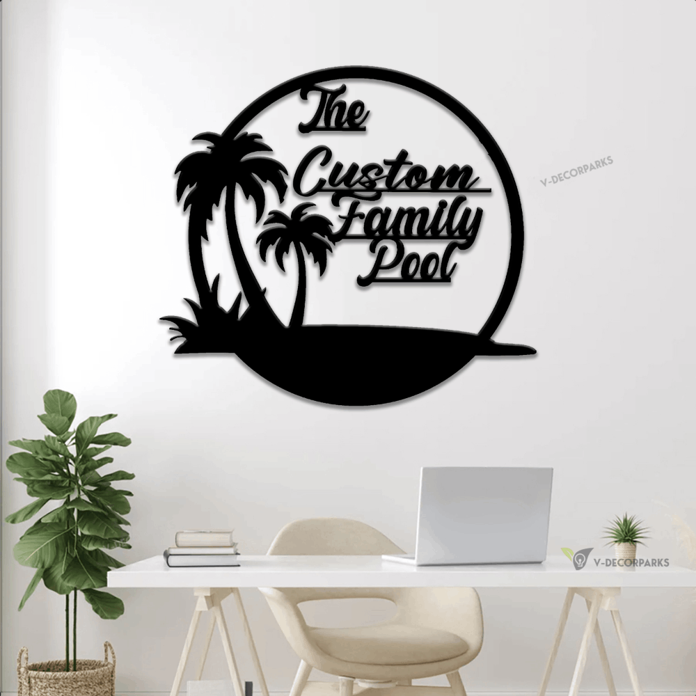 Personalized Pool Palm Tree Metal Wall Art With Led Lights, Custom
