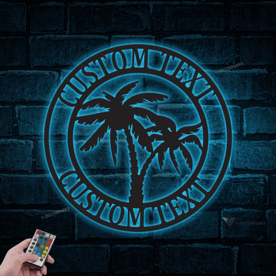 Personalized Pool Palm Tree Metal Wall Art With Led Lights, Custom