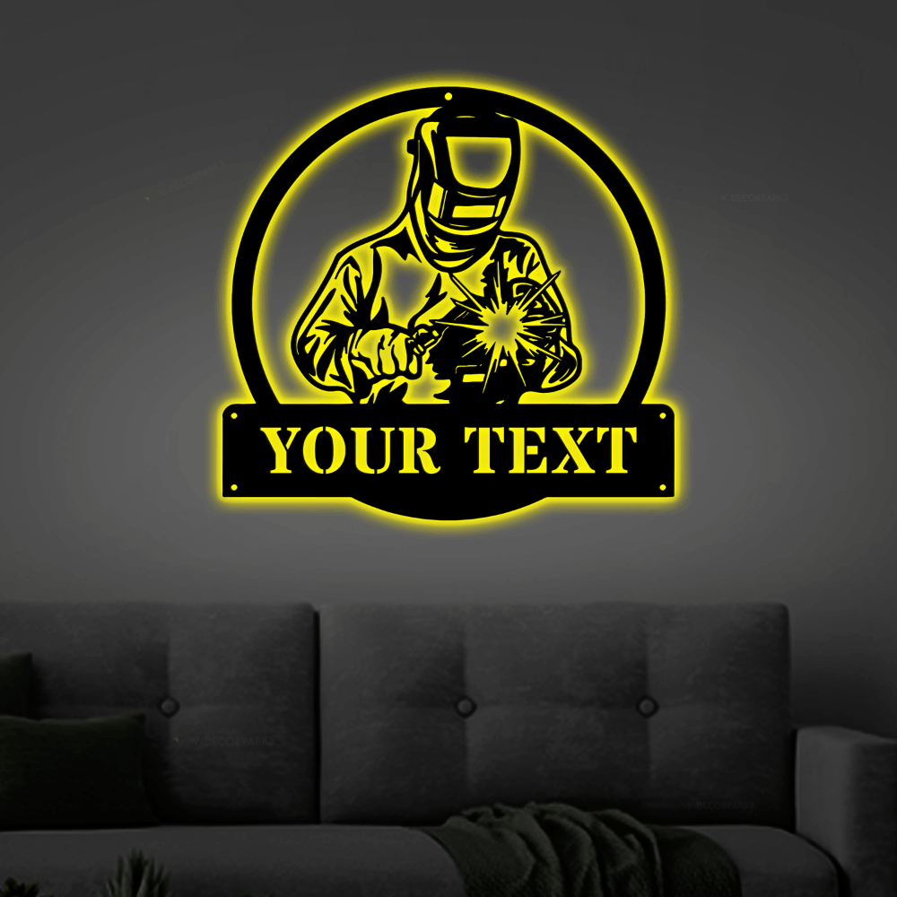 Personalized Welder Monogram Metal Sign Art With Led Lights, Custom Welder Monogram Metal Sign