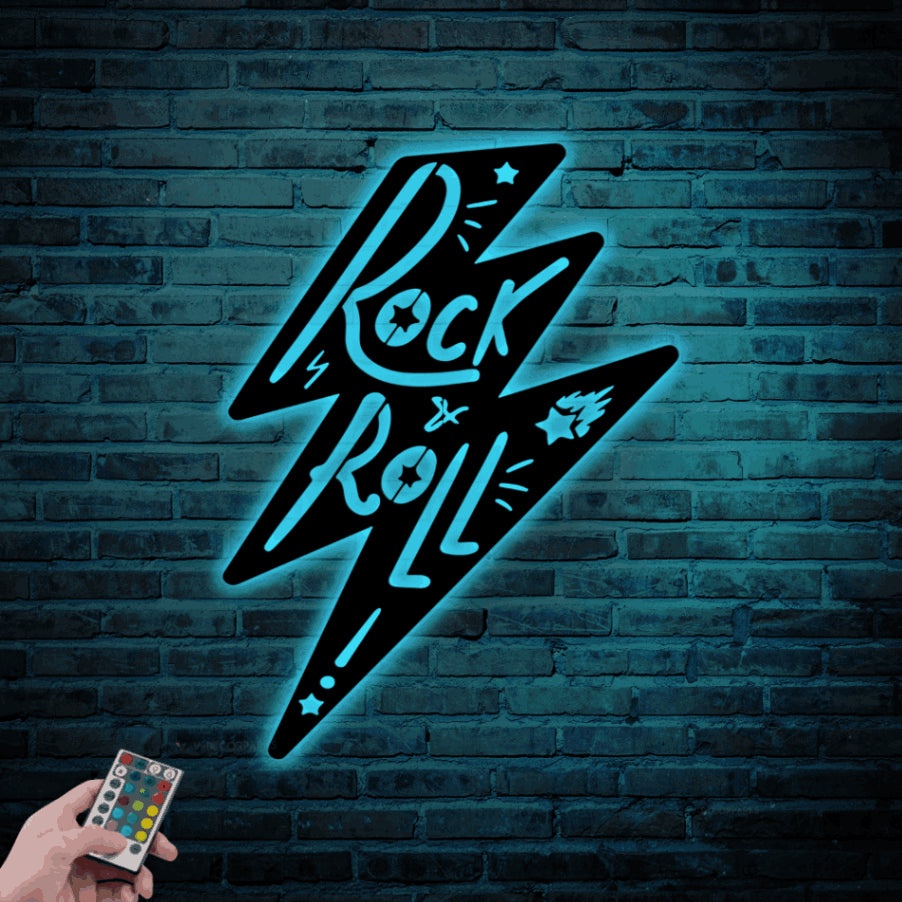 Rock N Roll Wall Art With Led Lights, Metal Rock And Roll Decor, Rock ...