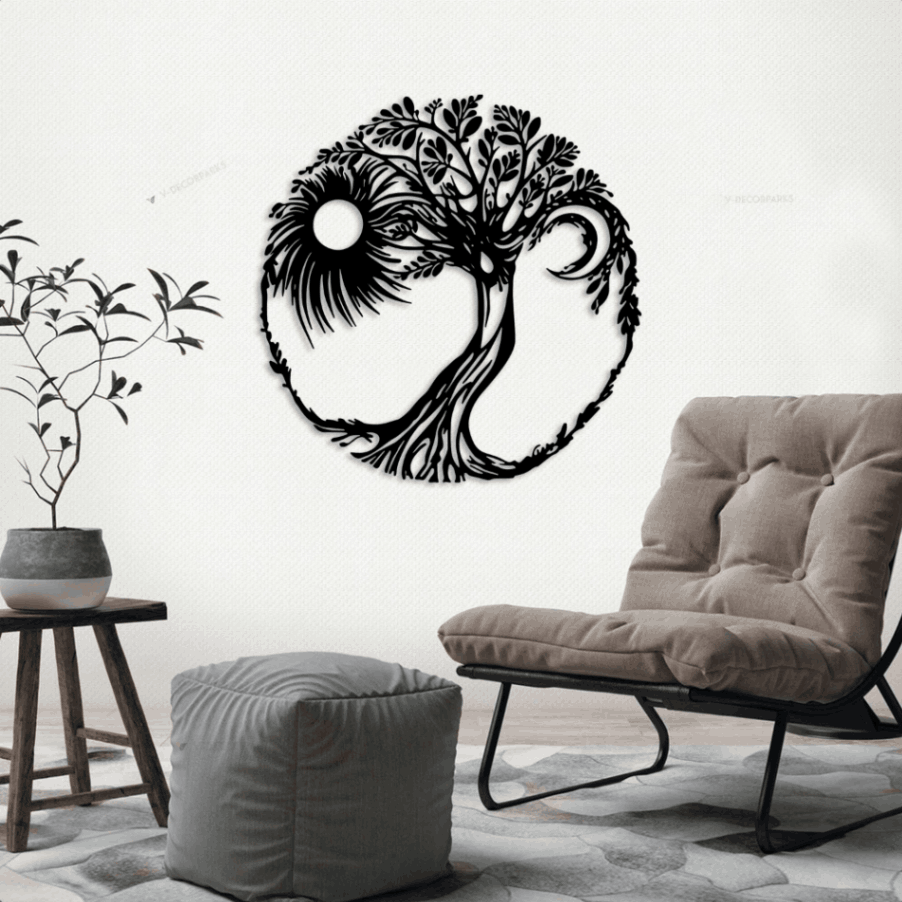 Tree Of Life With Sun And Moon Metal Wall Art With Led Light Day And ...