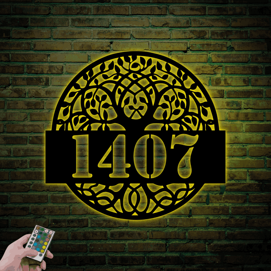 Tree Of Life Address Sign With Led Lights, Custom Metal Address Sign ...