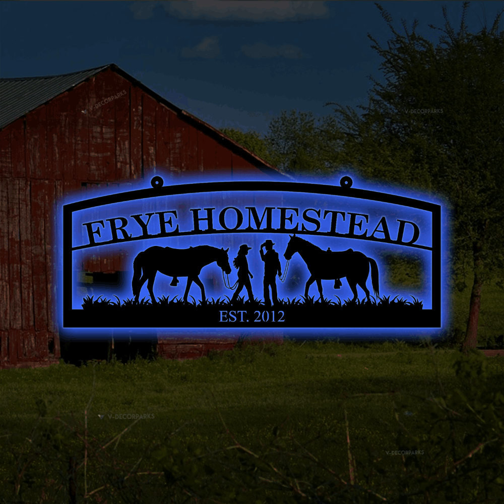 Personalized Metal Farm Sign Horse With Led Lights, Custom Outdoor