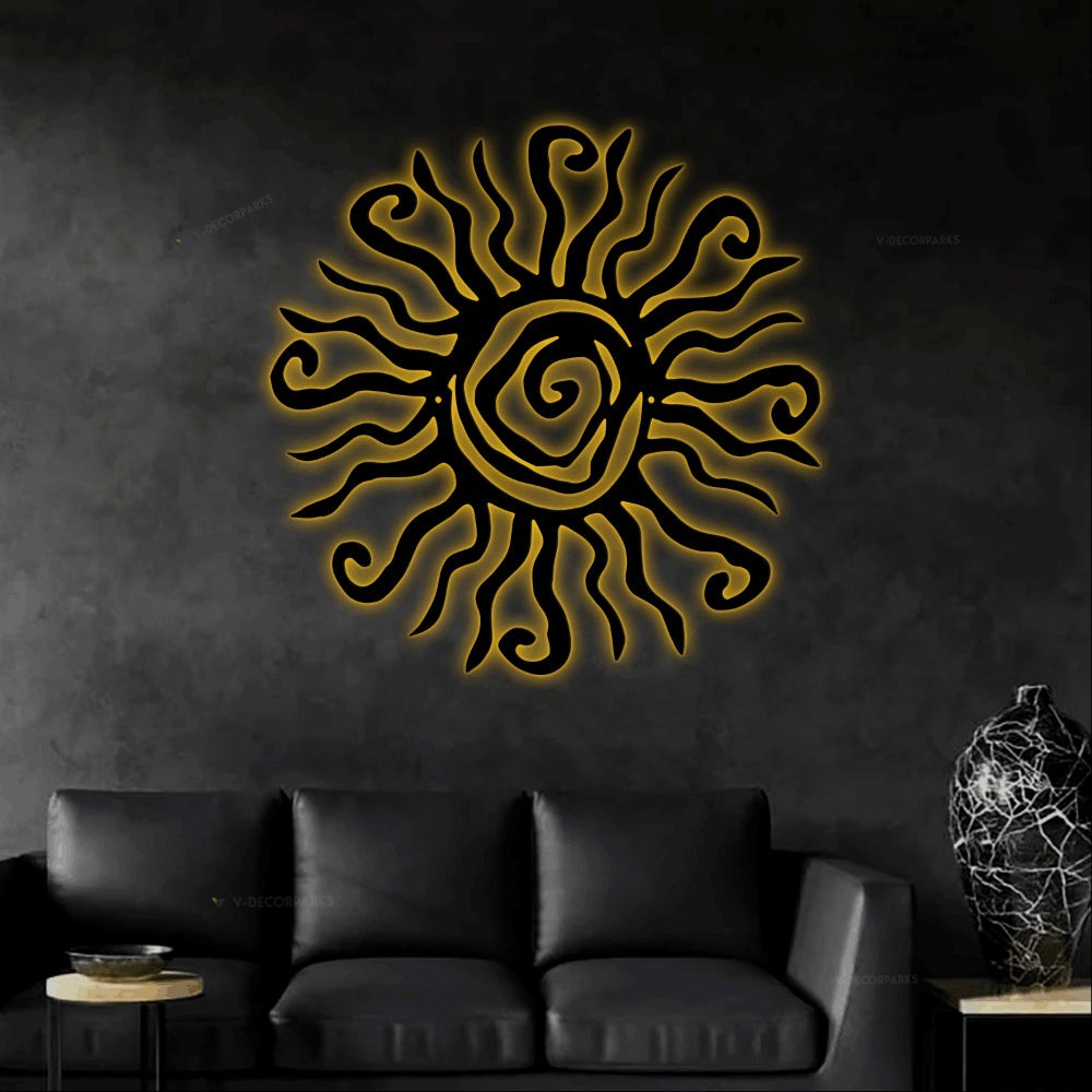 Wacky Sun Metal Wall Art With Led Lights, Sun Decor, Outdoor Patio