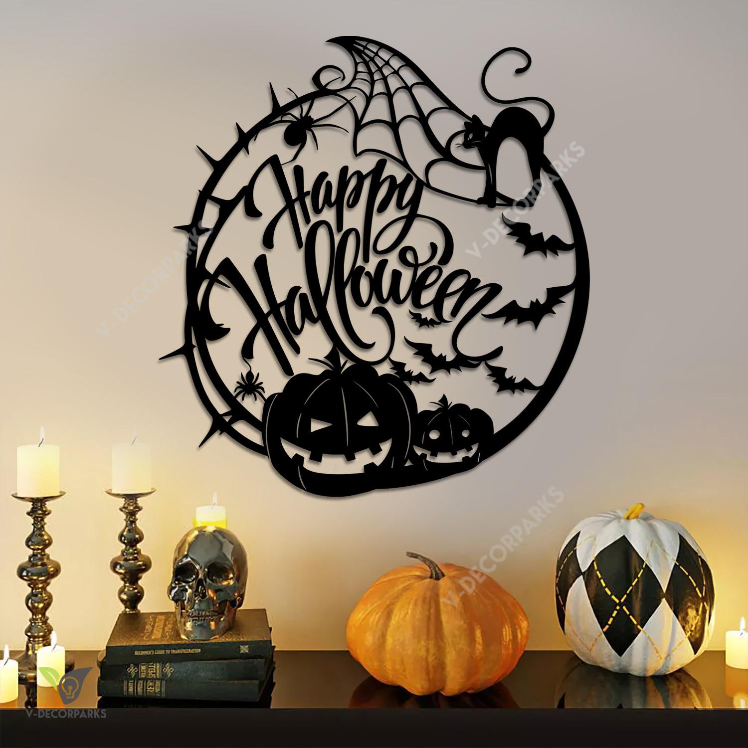 Happy Halloween With Pumpkins, Bats, Black Cat And Sipder Metal Art, Halloween Decorative Artwork